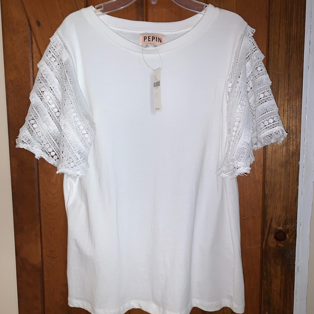 Anthropologie Pepin White Lace Crochet Flutter Sleeve Top- NWT!